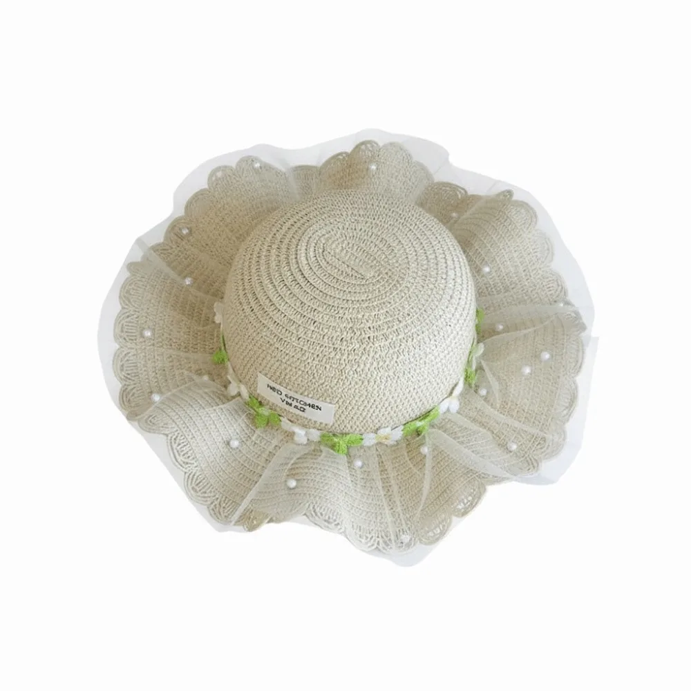 

Детская солнцезащитная шляпа с широкими полями, украшенная жемчугом, из дышащего соломенного материала, с кружевной отделкой