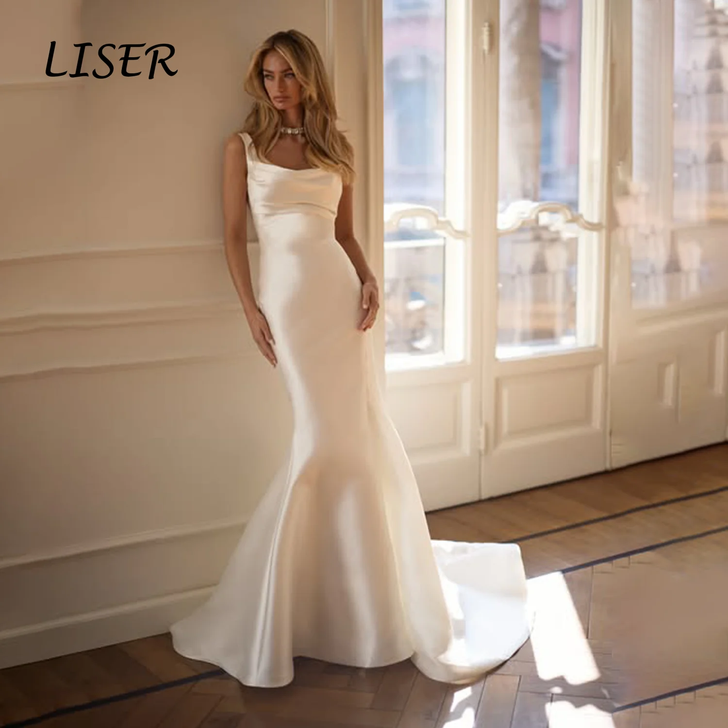 Liser Customized Ivory Square Collar Sleeveless Draped Satin Mermaid Wedding Dress Slim Fit Long Train Zip Back Robe De Mariée