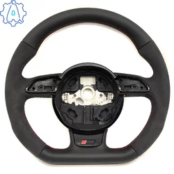For Audi A3 8V A4 B8 A5 A6 A7 Q3 Q5 Q7 Red Stitching Alcantara Leather Flat Bottomed Steering Wheel