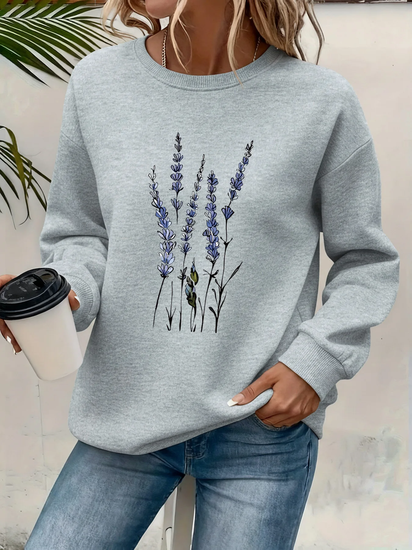 Lavender Sketch Floral Printed Sweatshirt Women Fleece Soft Pullovers Autumn O-Neck Y2K Sportswear Loose Casual Clothes