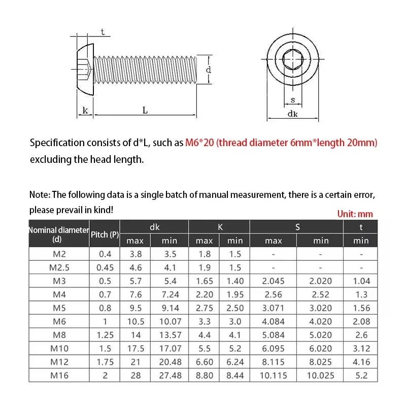 Grade 10.9 Nickel Plated Round Head Hex Socket Screws, High Strength Button Head Bolts M1.6 M2 M3 M4 M5 M6 M8 M10 M12
