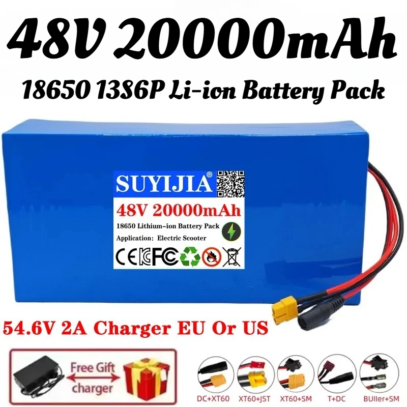 

New 18650 13S6P 48V 20000mAh Li-ion Battery Pack 2000W Built-in 50A BMS for Electric Bicycle Electric Scooter +54.6V 2A Charger