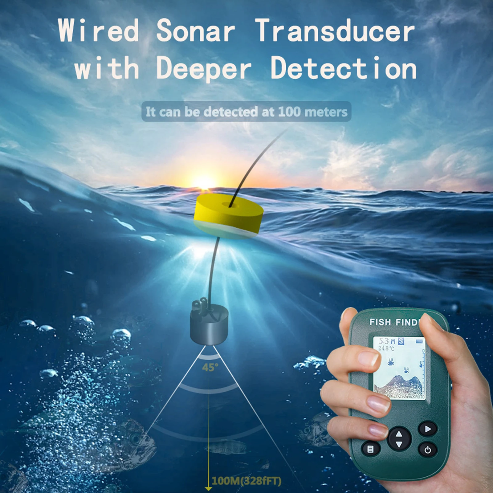 Portable Fish Finder LCD Display Sonar Sensor Fishfinder 45 Degree Sonar Coverage Fishing Detector IPX4 Waterproof