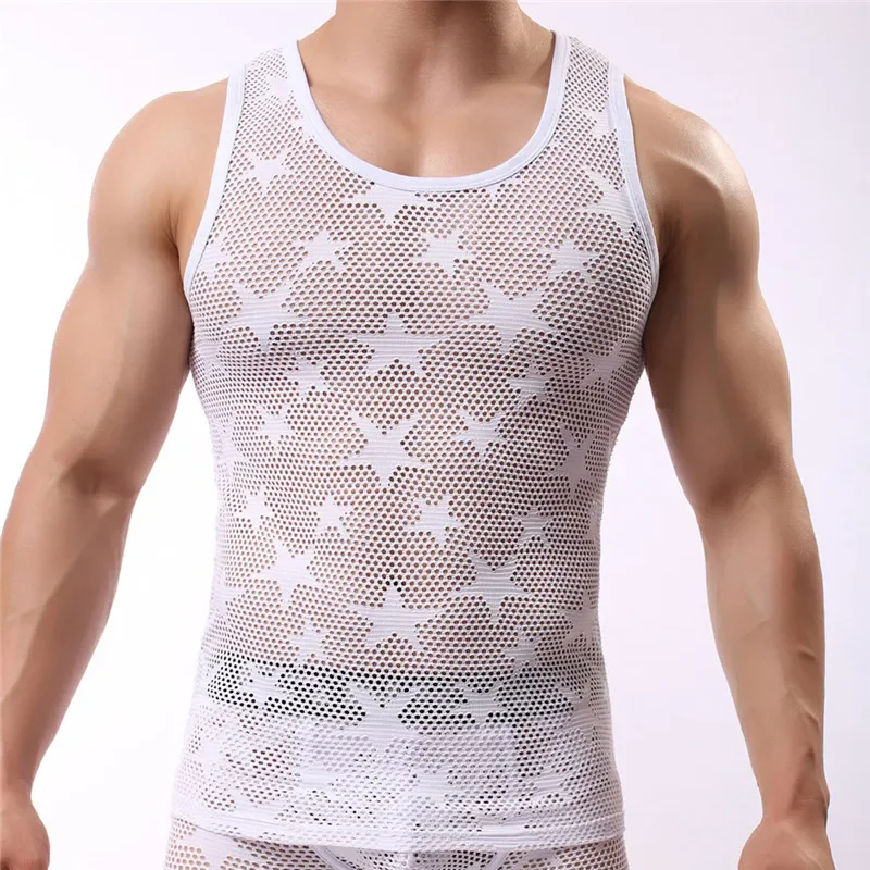 Mens Undershirts Sleeveless Gay Transparent Solid Tops Tees Vest Mesh Sexy Male Shirt Men Summer Wear Undershirts