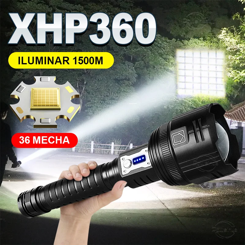 XHP360 슈퍼 고전력 충전식 Led 손전등 강력한 Type-c 충전 큰 LED 랜턴 5 모드 장거리 토치 캠핑