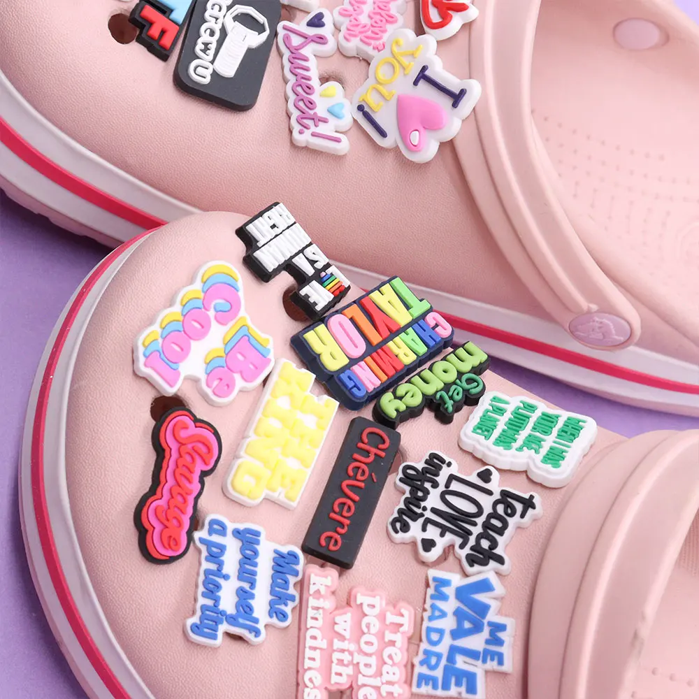 Mix 50pcs PVC Word Shoe Charms Hold On Let Me Overthinking Hello LOL Treat People Like Kindness Garden Shoes Button Accessories