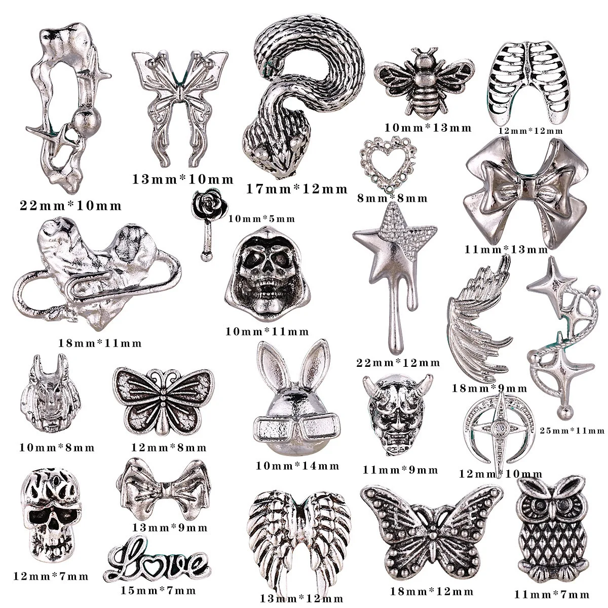20 SZTUK Starożytne Srebrne Akcesoria do Paznokci Retro Kokarda Motyl Gwiazda Czaszka Charmsy do Manicure Halloween Dekoracje Paznokci