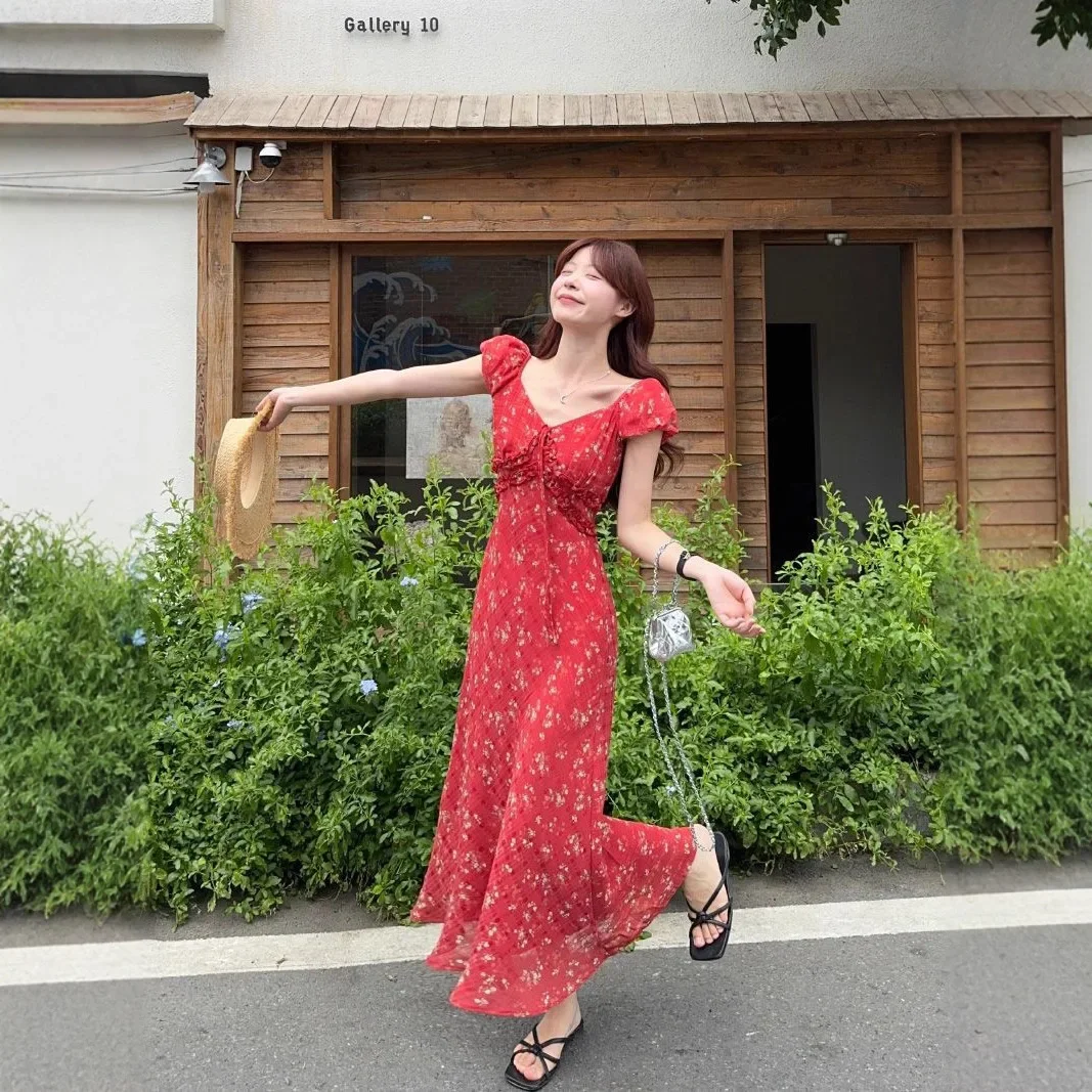 الأزهار طباعة نفخة الأكمام ألف خط فستان طويل المرأة الصيف 2025 الخصر مقصوص الكورية نمط الخامس الرقبة ميدي فستان قصير الأكمام