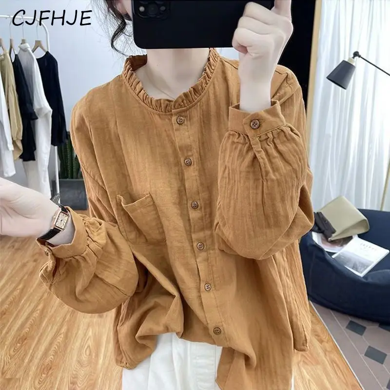 CJFHJE Womens Clothing New Ruffle Solid Vintage Cotton Linen Button Up Shirt Casual Streetwear Y2K Blouse Loose Long Sleeve Tops