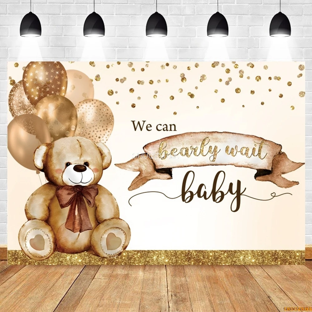 Cartoon Cute Bear Backdrop Hot Air Balloon Moon We Can Bearly Wait Girl Boy Birthday Party Baby Shower Photography Background