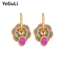 Fashion Jewelry Vintage Temperament Purple Enamel Flower Drop Earrings For Girl Women Party Gifts Pretty Ear Accessories