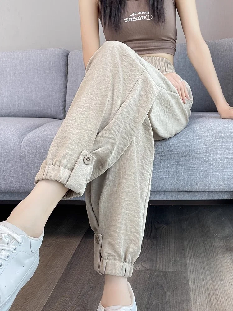 Pantaloni sportivi da donna estivi in seta di ghiaccio Qui Dry Pantaloni sportivi da lavoro Harlan casual sottili Vita alta Elastico in vita Colore puro