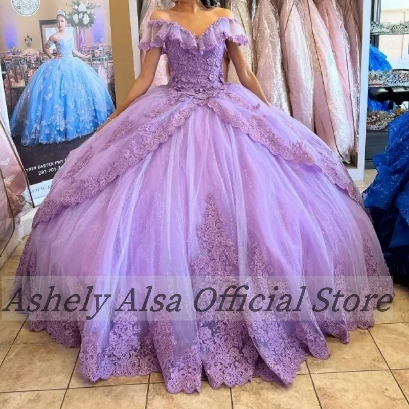 Ashey Alsa-Vestido morado De quinceañera para niña, traje De princesa con apliques y hombros descubiertos, para fiesta De graduación De 16 Años, 2024