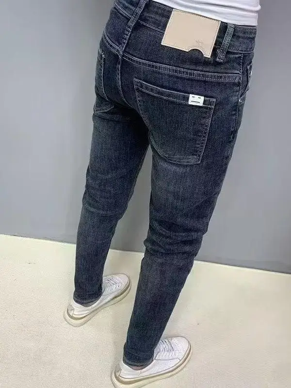 

High-End Trendy Blue Grey Denim Jeans Men's Spring Autumn Slim Fit Elastic Long Pants Korean Style Youth Casual Fashion