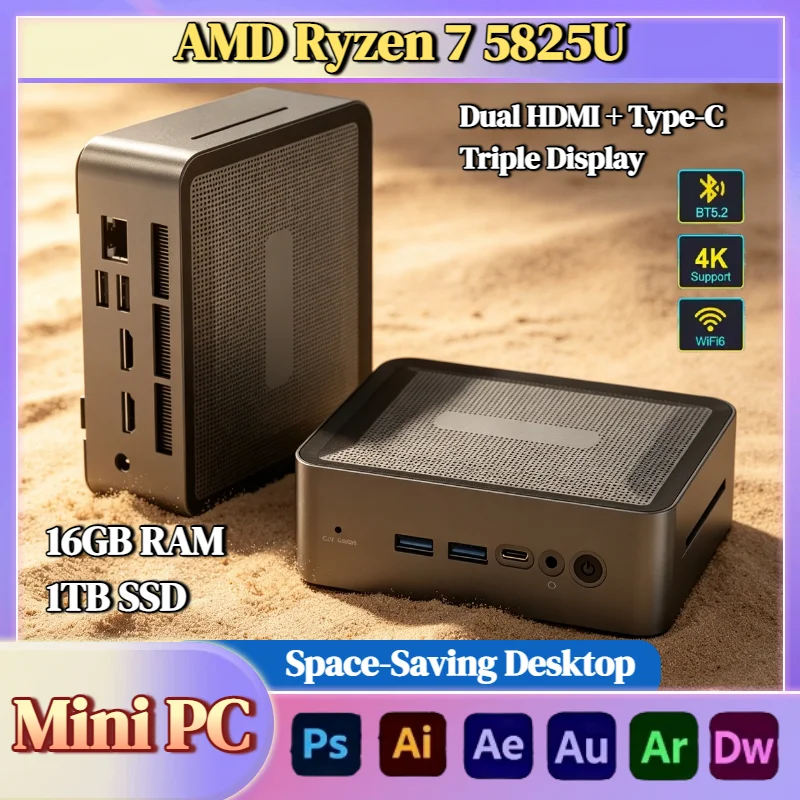 AMD Ryzen 7 5825U Mini Desktop PC 2xDDR4 3200MHz M.2 NVMe SSD HDD Windows 11 Pro WiFi6 BT5.2 Gaming Office Home Fast