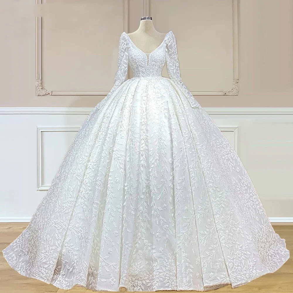 

Flavinke Customized Exquisite Ball Gown V Neck Lace Wedding Dresses Full Sleeves Floor Length Beaded Bridal Gowns Court Train