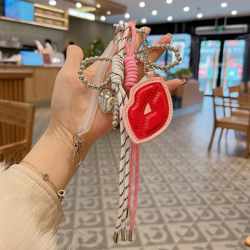 Trendy style Camellia Flower Backpack Red Lip Pendant Hand Woven Rope Hangings Love HeartKey Chain