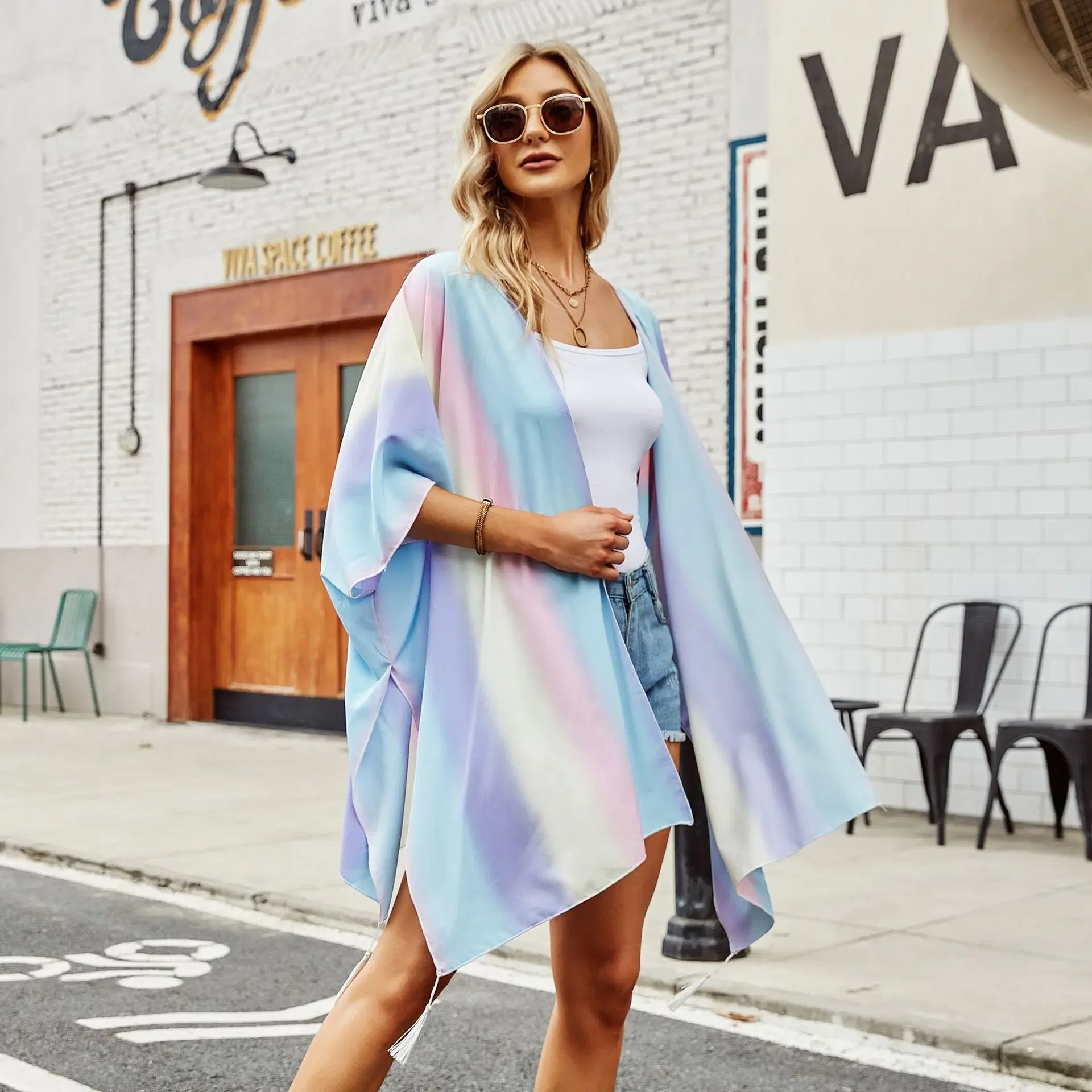 2025 Summer New Gradient Color Chiffon Tassel Beach Shawl Sunscreen Sunshade Cardigan Cloak Coat Poncho Capes