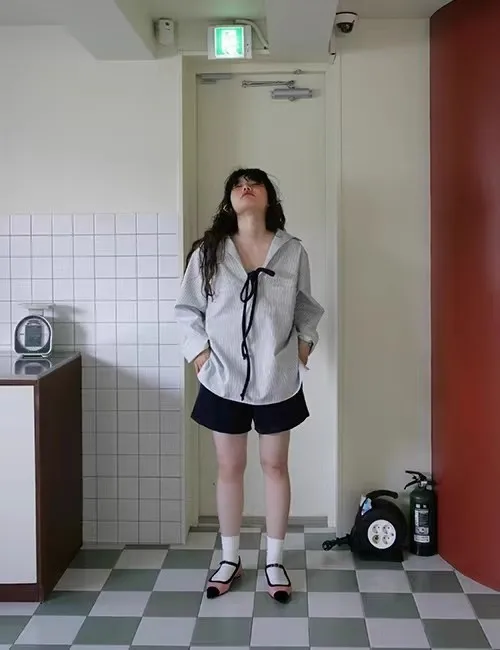 

Frele 23 Lazy Sle Striped Collar Loose Casual Long Sve irt Women's Overhead Top Cotton Pure Color Button Detail