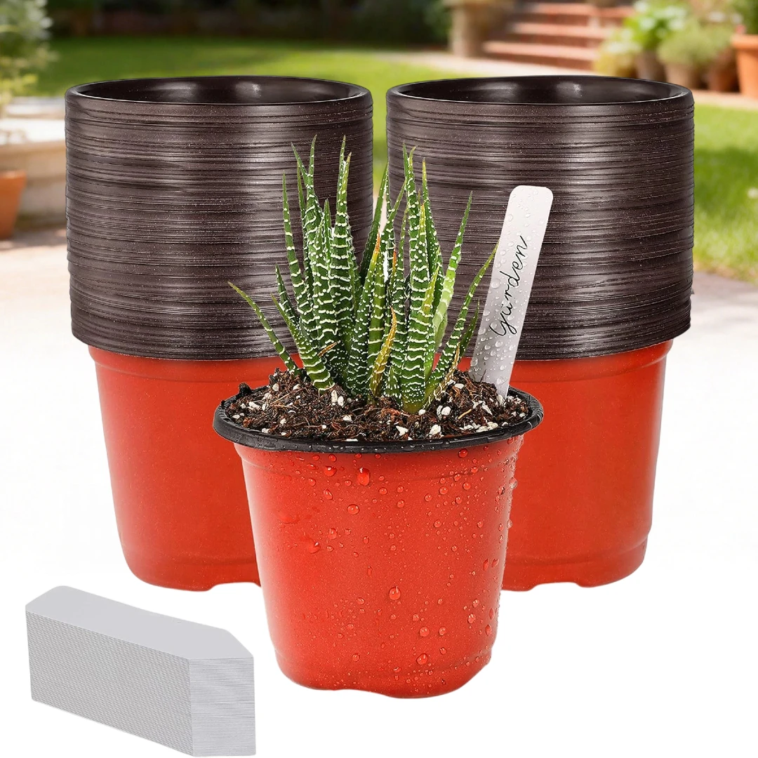 100 Stück 4-Zoll Kleine Kunststoff-Pflanzentöpfe mit 100 Stück Pflanzenetiketten, Setzlinge Blumen Pflanzenbehälter Anzuchttopf