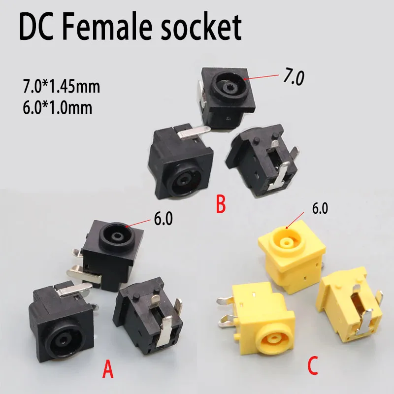 2-5 pces montagem pcb 7*1.45 6*1.0 1.0/1.45mm fêmea dc power jack tomada conector preto/amarelo 3 pernas horizontal portátil soquete