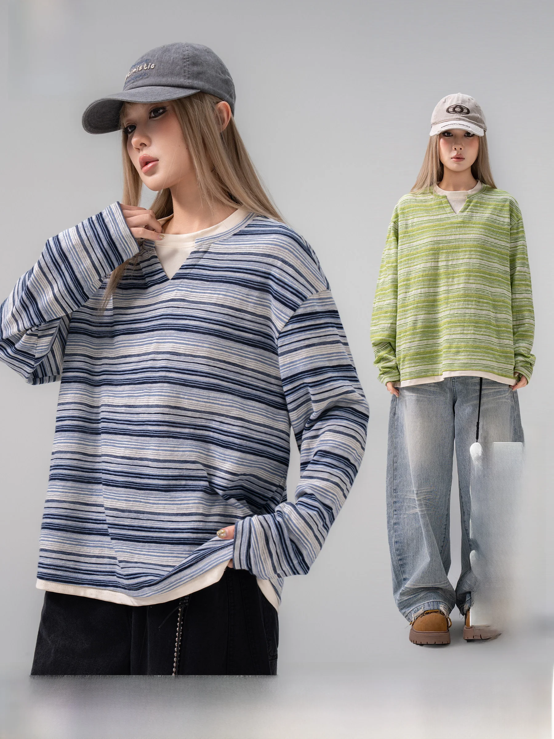 Retro Striped Lazy Feeling Fake Two-Piece V-Neck Sweatshirt Men's Loose Long Sleeve Spring Summer New Style Casual Fashion