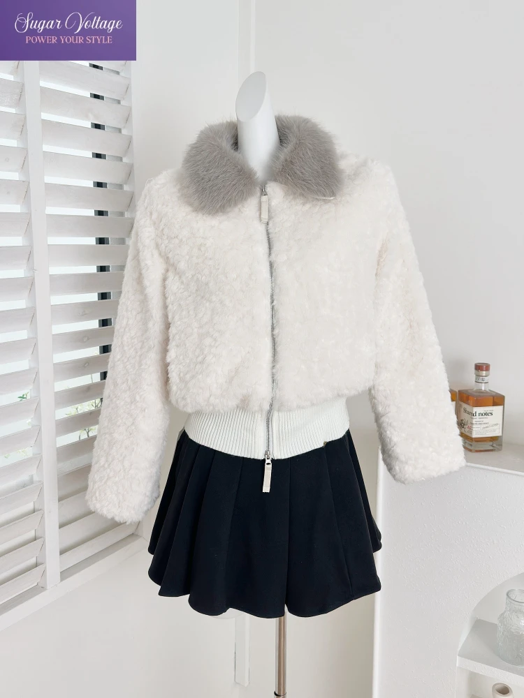 Inverno coreano moda curto falso shearling jaqueta feminina solto ajuste manga longa quente casaco macio gola de pele estilo doce chiques topos