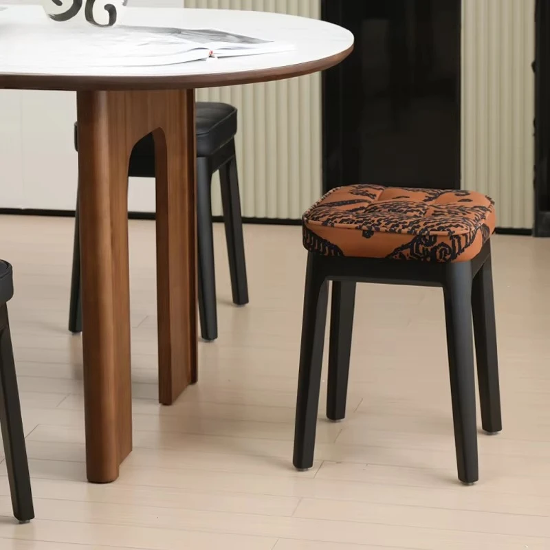 Vintage Stackable Solid Wood Stool Upholstered Low Bench Square Seat Ottoman for Bedroom Small