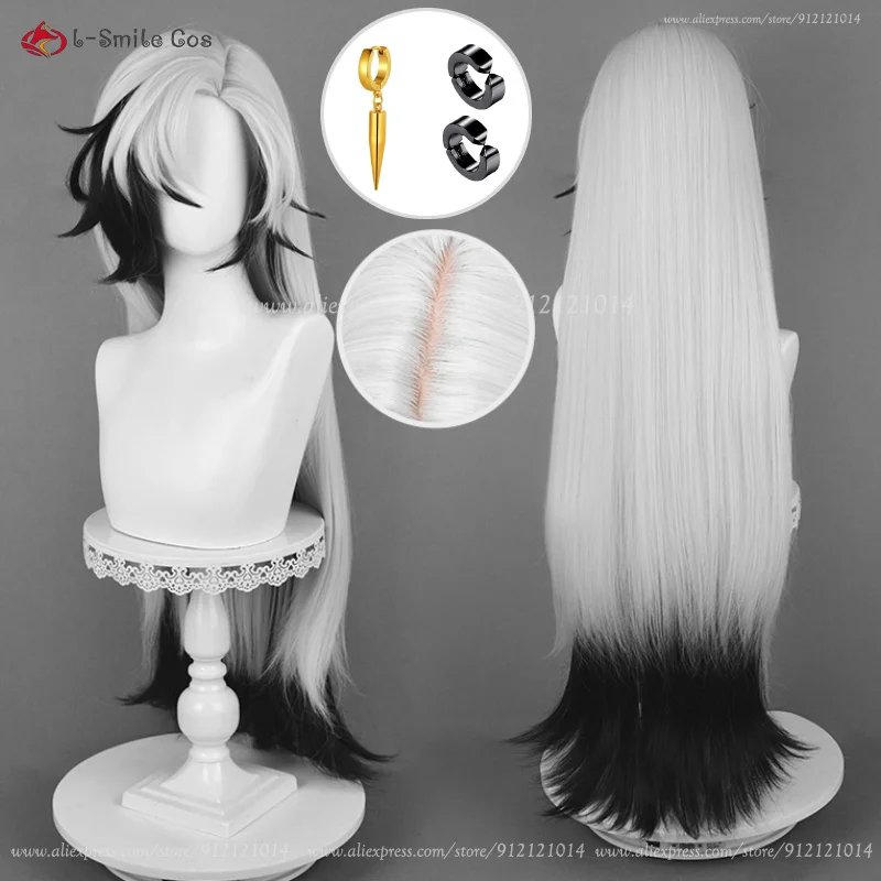 Boothill Cosplay Wig 92cm Long Slive White Black Hair Boothill Cosplay Ear Heat Resistant Synthetic Wig Halloween Anime Wig