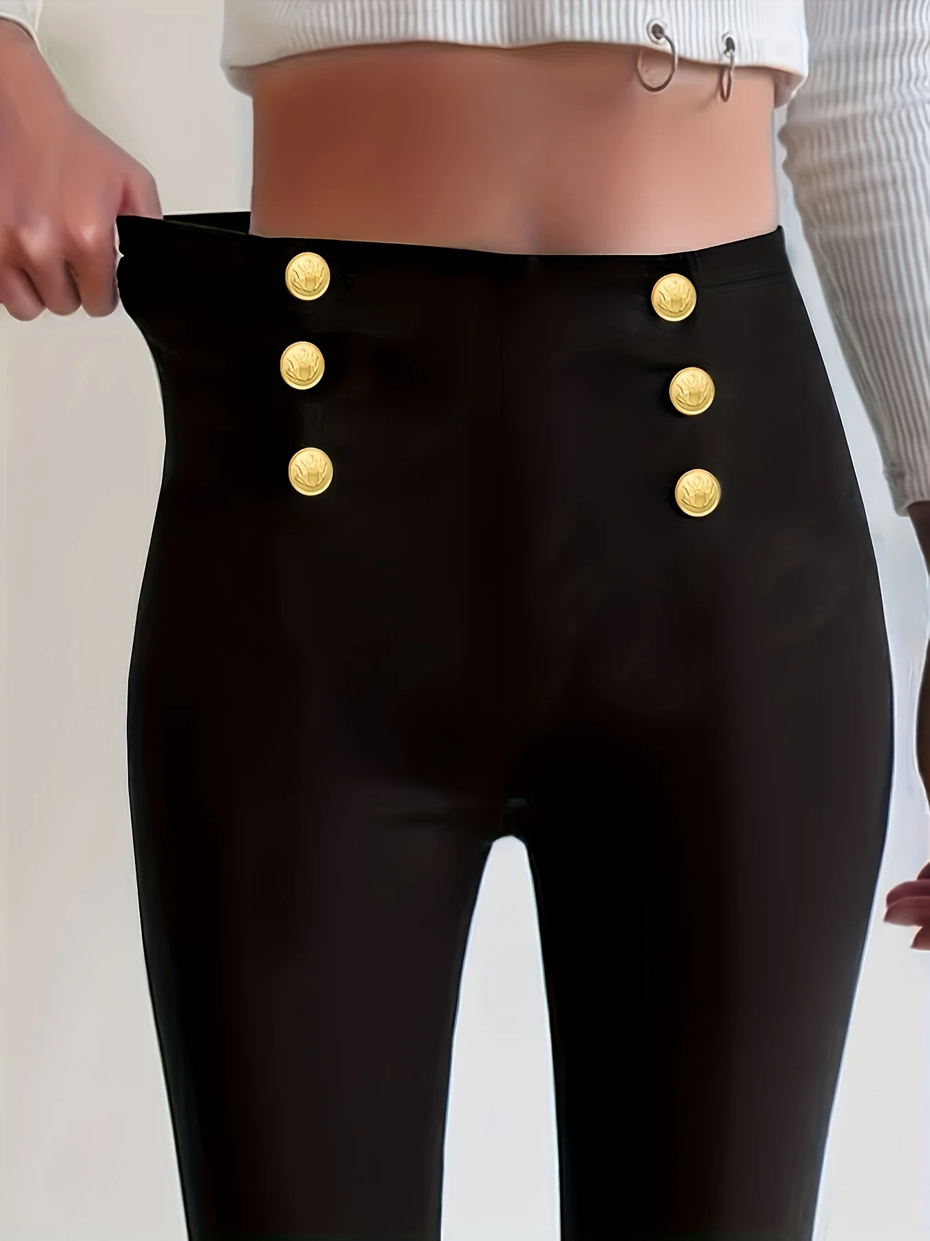 

Ladies High-Waist Black Pants Double Row Gold Buckle Slimming Abdomen Design Versatile for Commuting And Nighttime Outfits