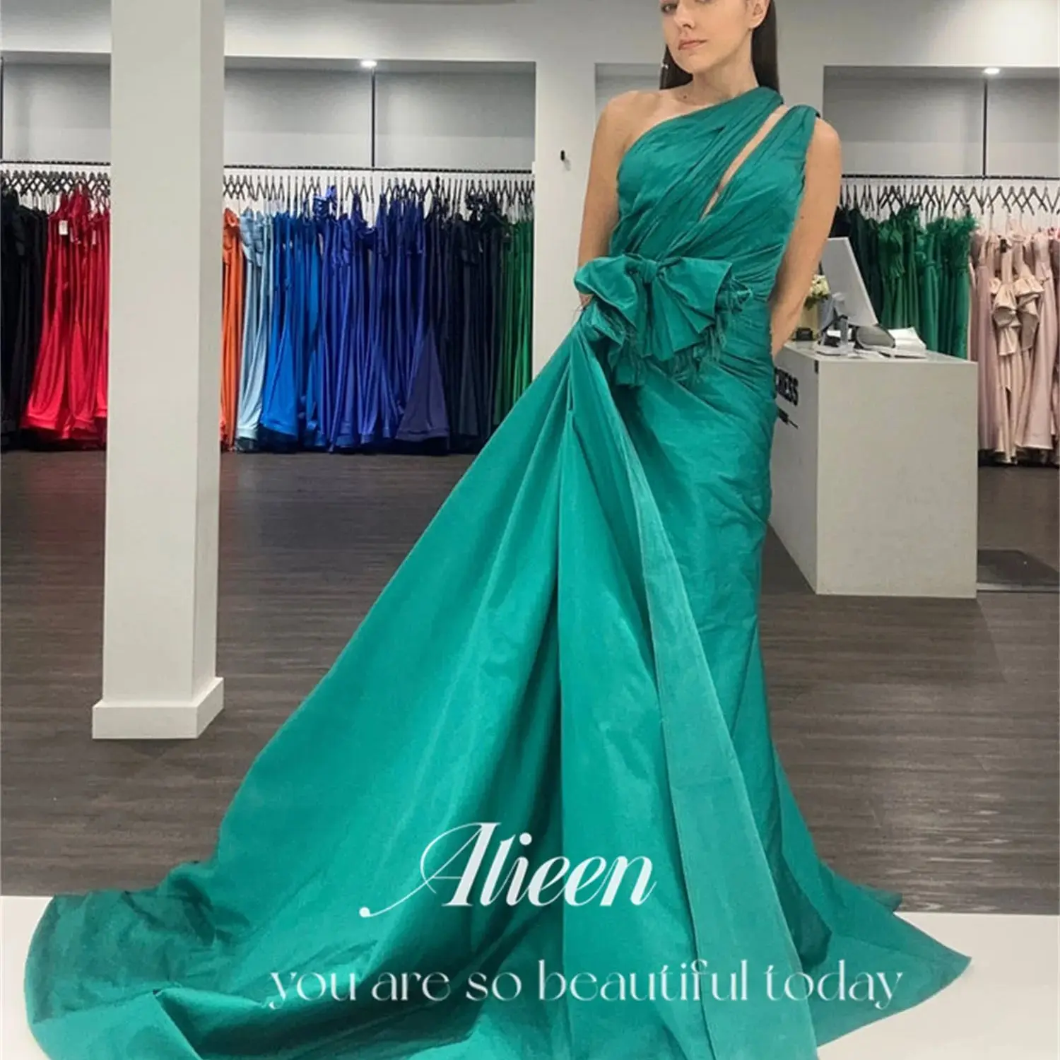 

Aileen Green One Shoulder Feather Big Bow Sharon Happy Dress 2024 Formal Dresses for Special Occasions Prom Gown Ball Gowns Gala