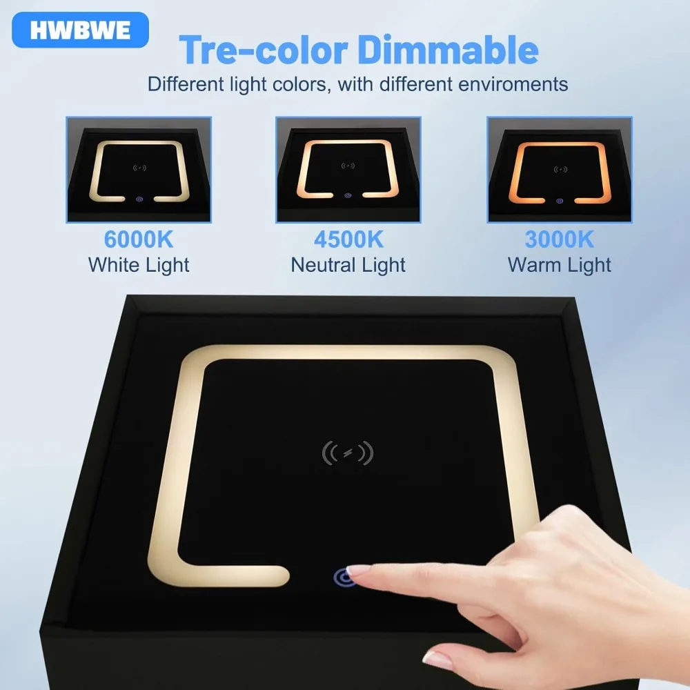 โต๊ะข้างเตียงพร้อมไฟ LED ชาร์จไร้สาย พร้อมกุญแจล็อคแบบผสมผสาน โต๊ะอเนกประสงค์ทันสมัยพร้อมไฟ LED 3 สี และที่เก็บของที่ปลอดภัย