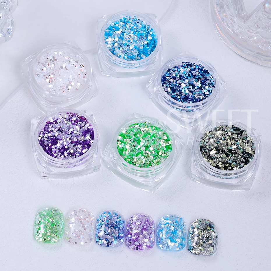 12 ألوان المجسم سداسية مسمار بريق الترتر رقائق البريق الصغيرة شرائح سبانجلز مانيكير اكسسوارات الديكور مستلزمات الأظافر