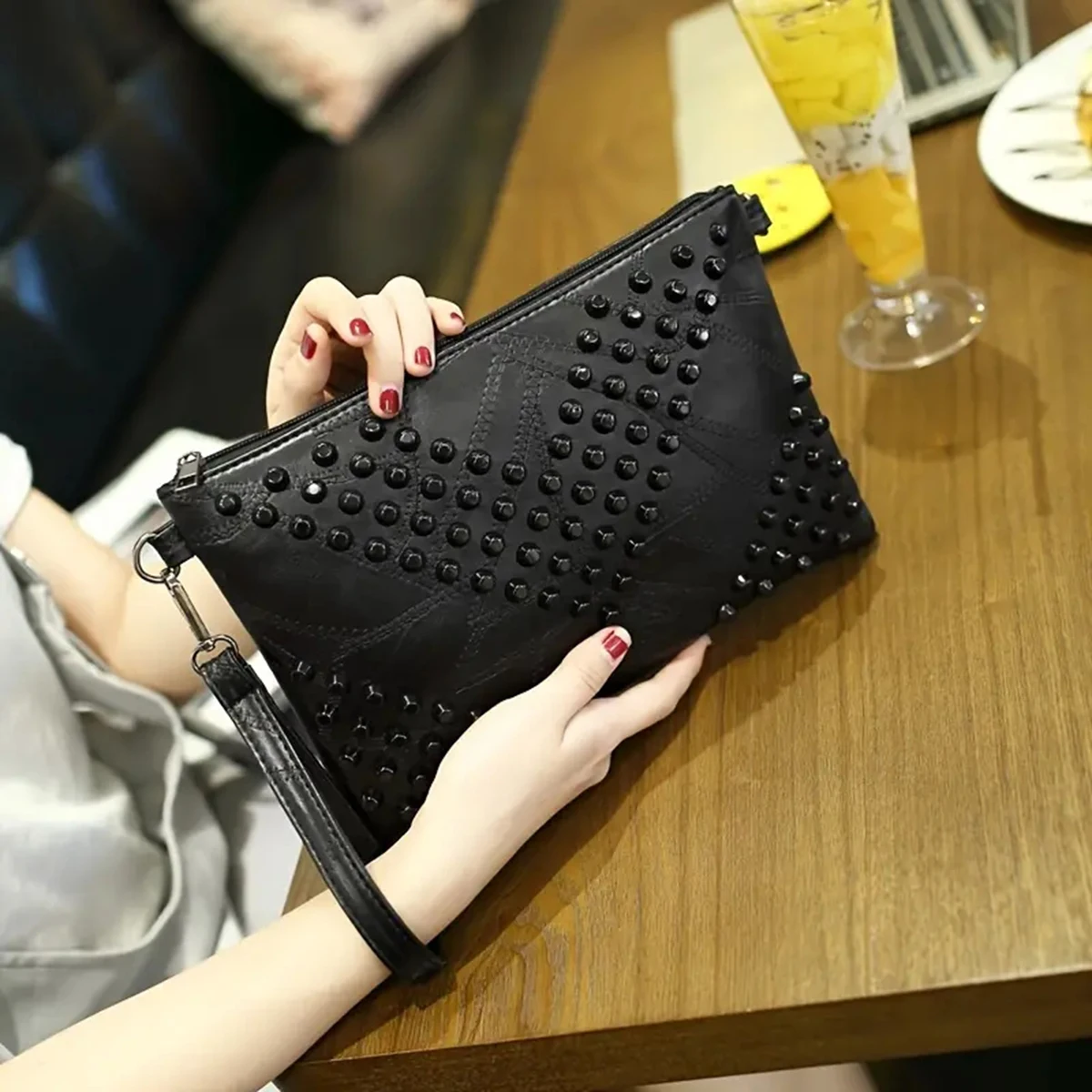 

Black new single shoulder crossbody envelope rivets hand bag one pack