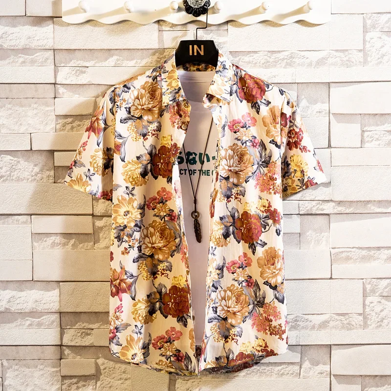 

Summer New Fashion Personality Men's Trendy Loose Sports Casual Printed Multicolor Turn-down Collar Versatile Short Sleeve Shirt