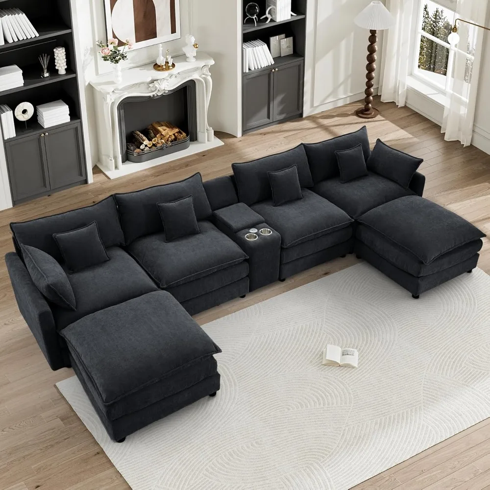 

HYJT-H&K 145" U Shaped Cloud Couch Modular Black Sectional Couches for Living Room, Comfy Fluffy Chenille Oversized Cloud Sectio