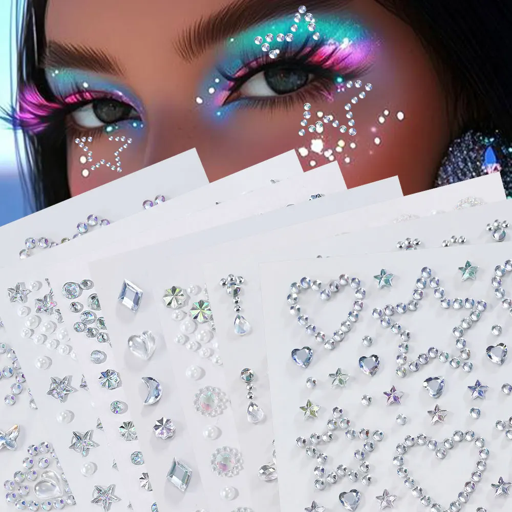 

5pcs 3D Clear Star/Heart Crystal Face Gem Stickers Party Music Concert Pearl Jewelry Face Diamond Tattoo Decal Sweet Face Slider