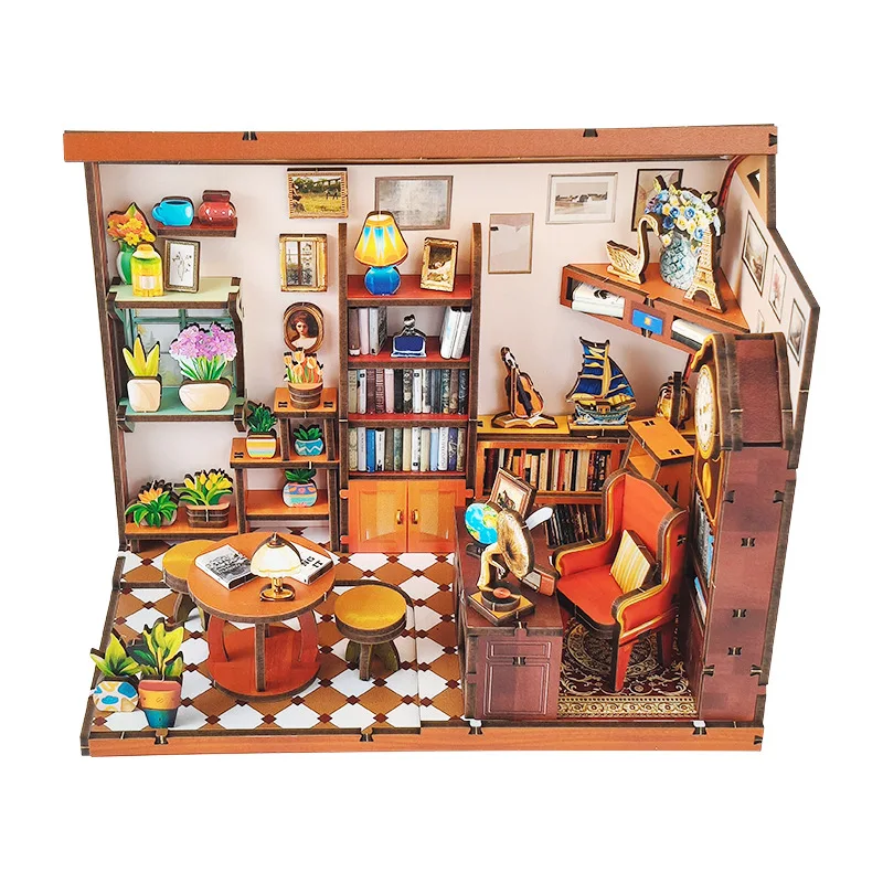 Kits de construção em miniatura de madeira diy, casas de bonecas da livraria de tom com móveis, mini casas de bonecas para amigos, presentes de aniversário