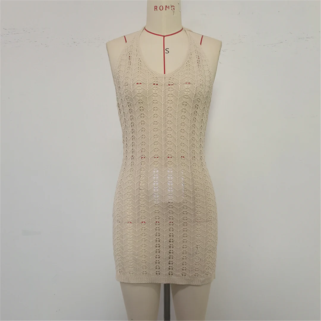Halterneck, rückenfreies, gehäkeltes, gestricktes Tunika-Strandkleid, Strandmode, Strandbekleidung, Strand-Cover-up, Damen, V6480 – Detail 12