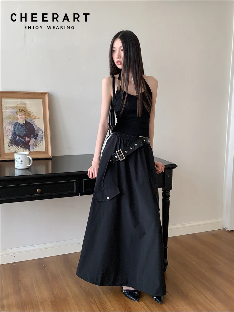 CHEERART Black Cargo Skirt For Women 2023 High Waist A Line Long Maxi Skirt Designer Bottoms European Clothing