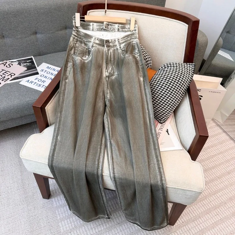 Primavera spice girl jeans de perna larga design infantil sentido solto mancha e fino versátil calças de chão reto estilo americano