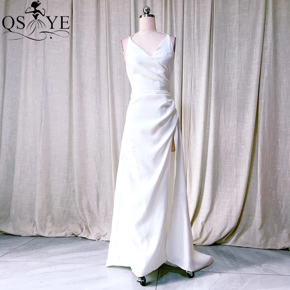 QSYYE White Satin Prom Dresses A line V neck Ruched Simple Evening Gown Empire Waist Princess White Party Gown