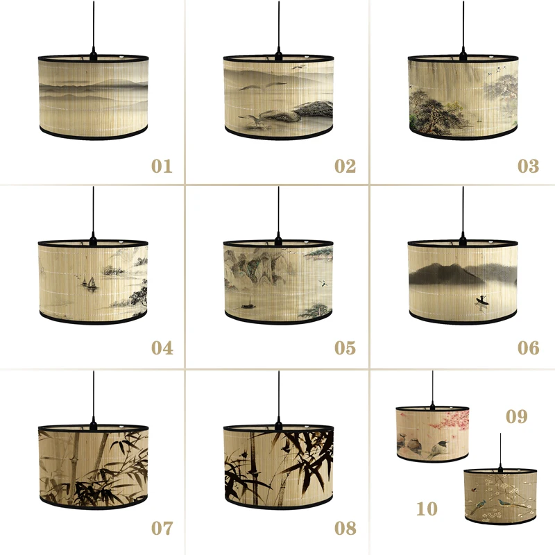 Retro Style Bamboo Lampshade Landscape Painting Abstract Light Cover Chandelier Room Hotel Homestay Decor Art Light Shade Crafts