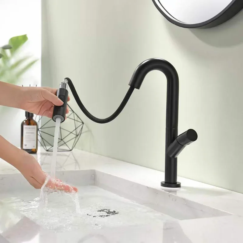 BRUSHED GOLD,CHROME,BLACK,GUNMETAL GRAY PULL OUT BATHROOM SINK FAUCET DECK MOUNTED HOT AND COLD WATER MIXER TAP