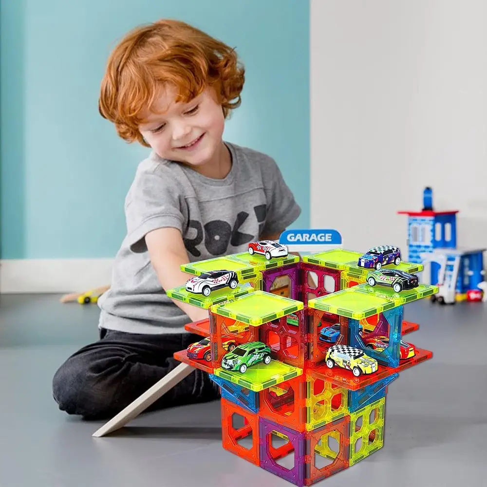 Juego de estacionamiento de azulejos magnéticos STEM Learning con 10 coches de metal para juegos de construcción para niños, regalo ideal para edades de 3 a 8 años