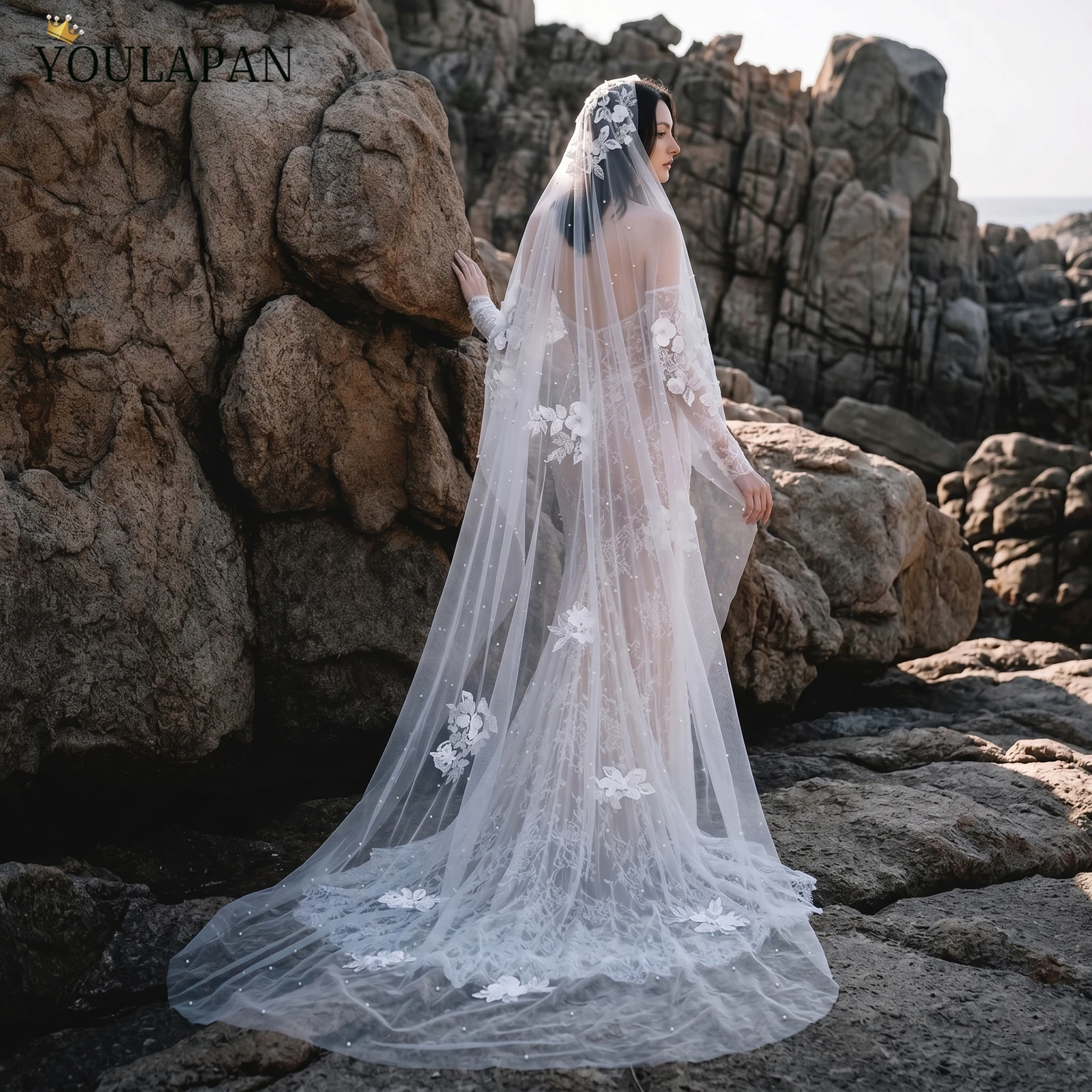 TOPQUEEN Mantilla De Novia Velo Embroidered Lace Veil Velo De Novias Catedral Acessorio Noiva Customizable V360