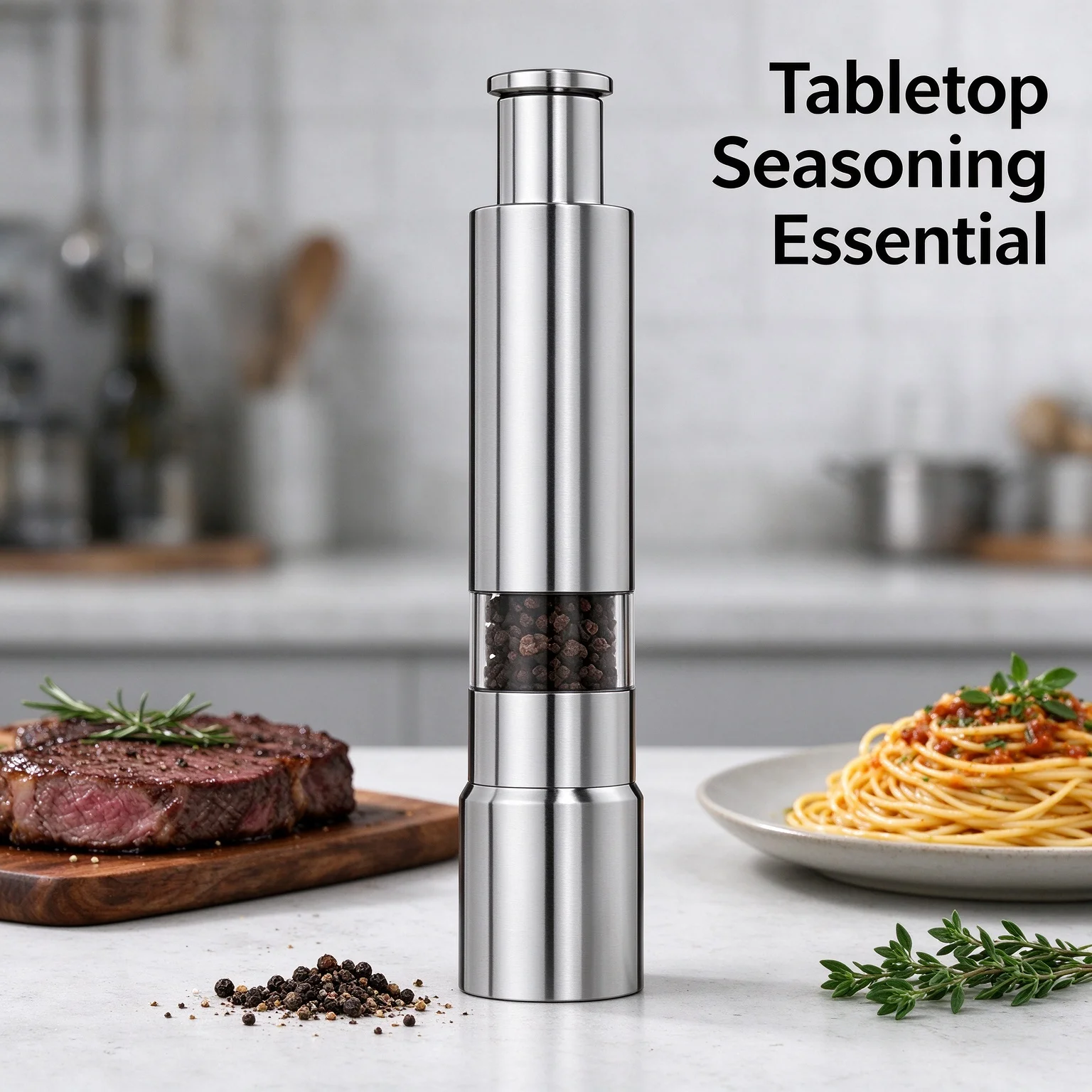 HTMCK One Hand Manual Pepper Grinder, Stainless Steel Salt Mill, Push-Type Black Peppercorn Grinder for Sea Salt Spices, Kitchen