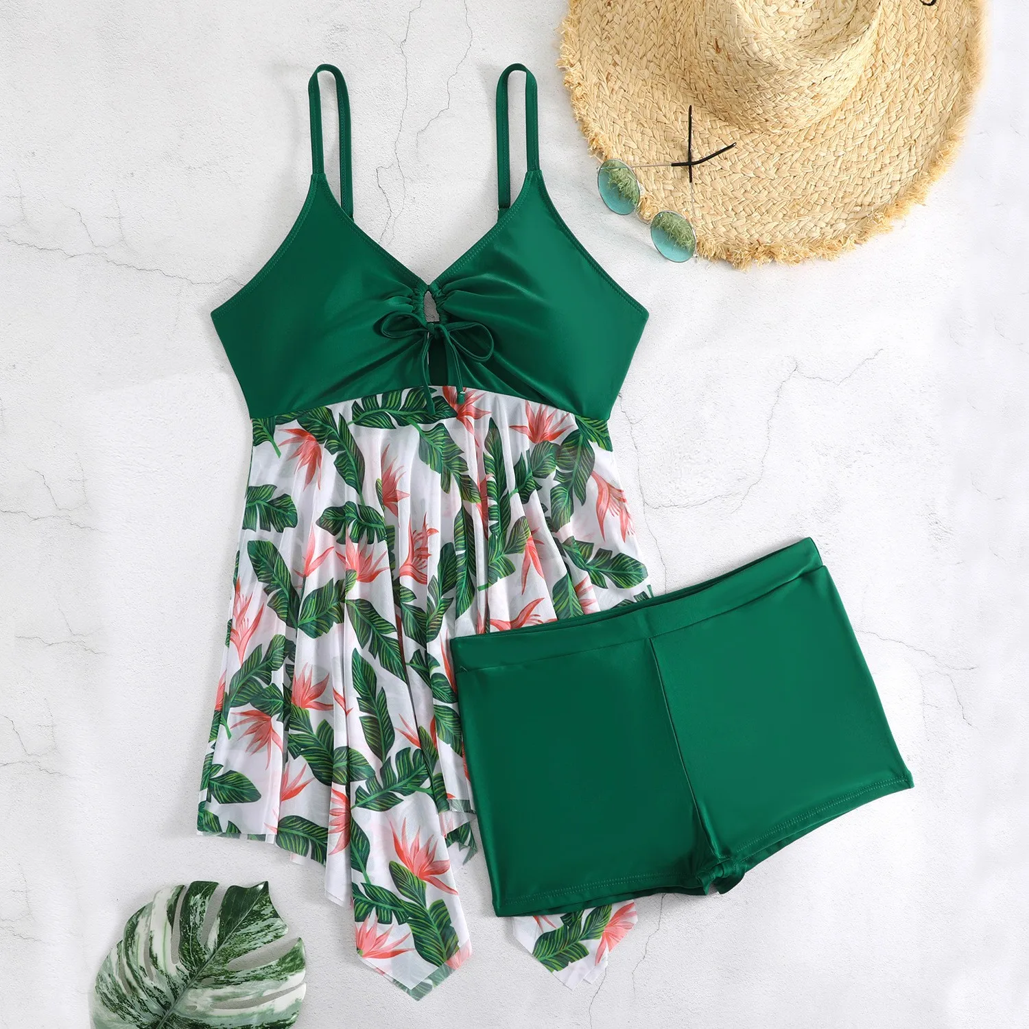 Women Tankini Sleeveless V Neck Tankini Top Plus Size High Waist Shorts Two Piece Swimsuit Floral Print Swim Tankini Swimwear view 3