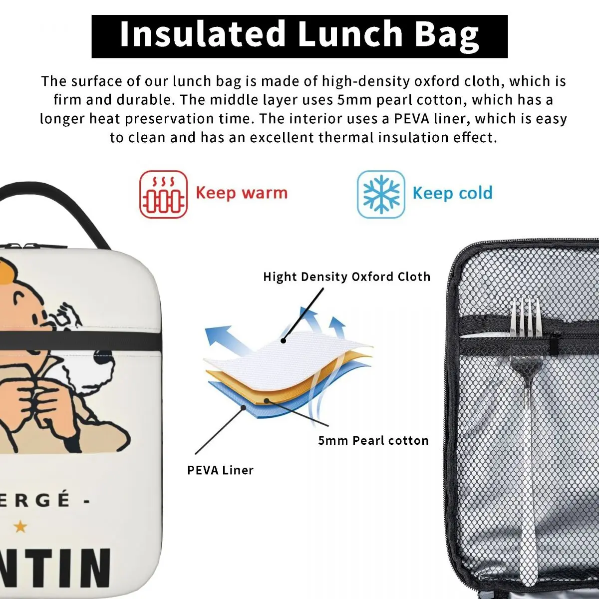 Sac à lunch isotherme de dessin animé Tintins et Snowy, sac de nourriture portable, glacière thermique, boîte à lunch de bureau