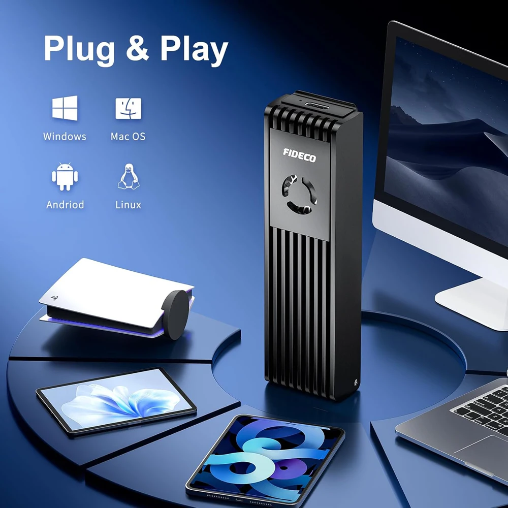 Obudowa FIDECO M.2 NVMe SATA SSD, aluminiowa, adapter M2 NVMe na USB z wentylatorem chłodzącym, obsługa UASP i Trim, instalacja bez użycia narzędzi. — zdjęcie produktu 6